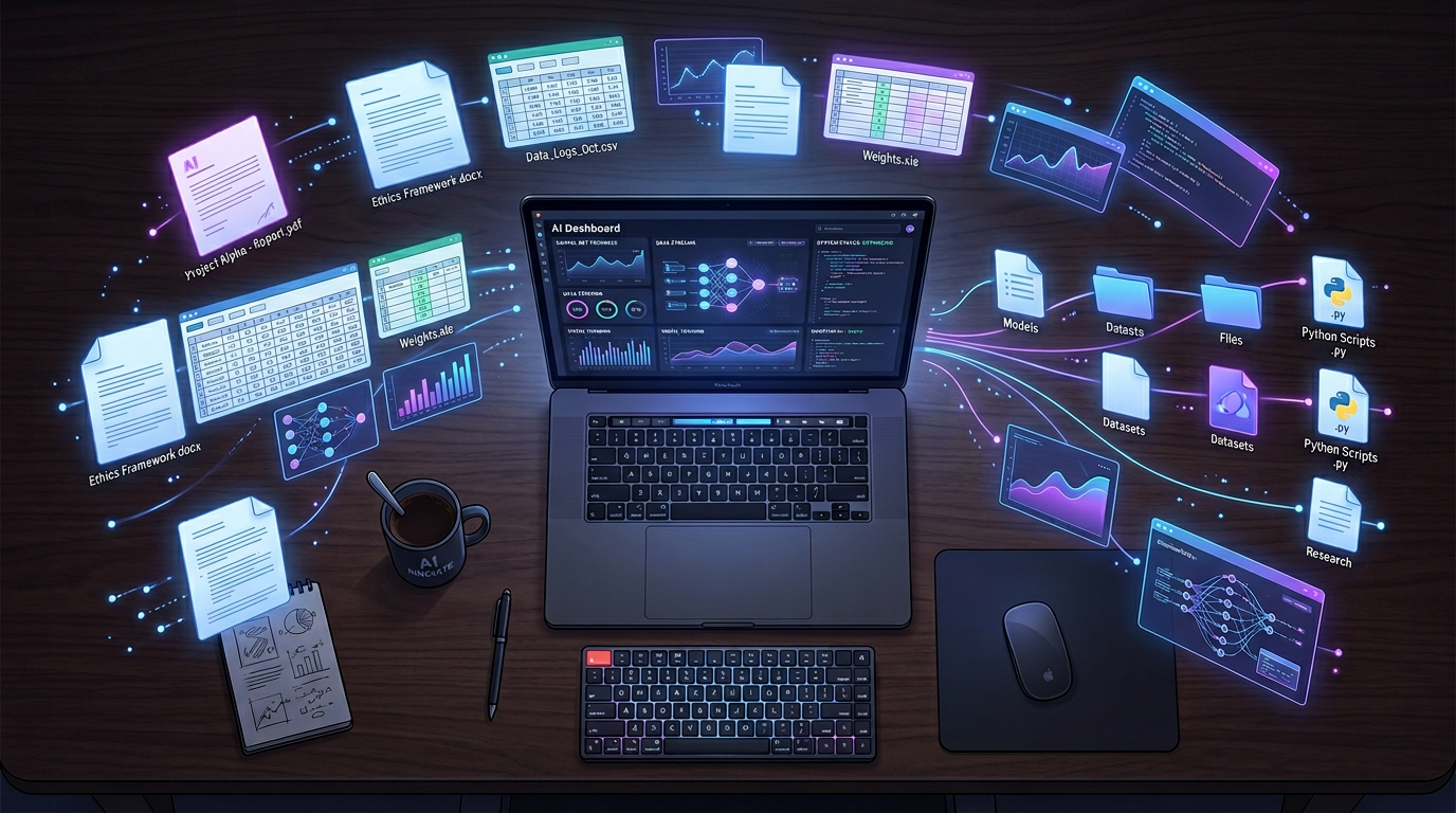 AI agent processing files on a desktop computer