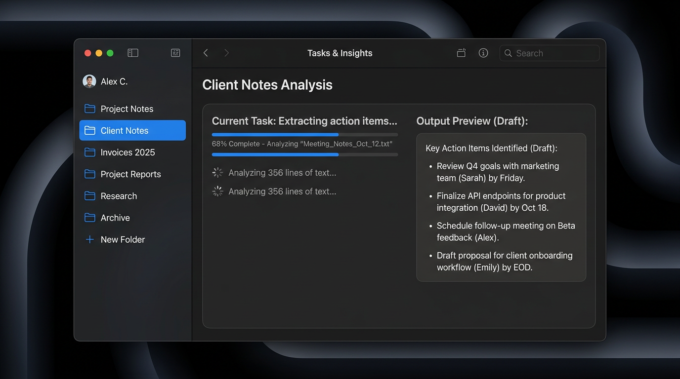 Desktop interface showing a task in progress AI agent processing documents and building structured outputs