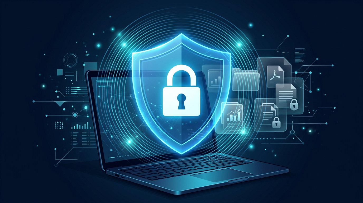 Privacy and security shield protecting files on a desktop computer