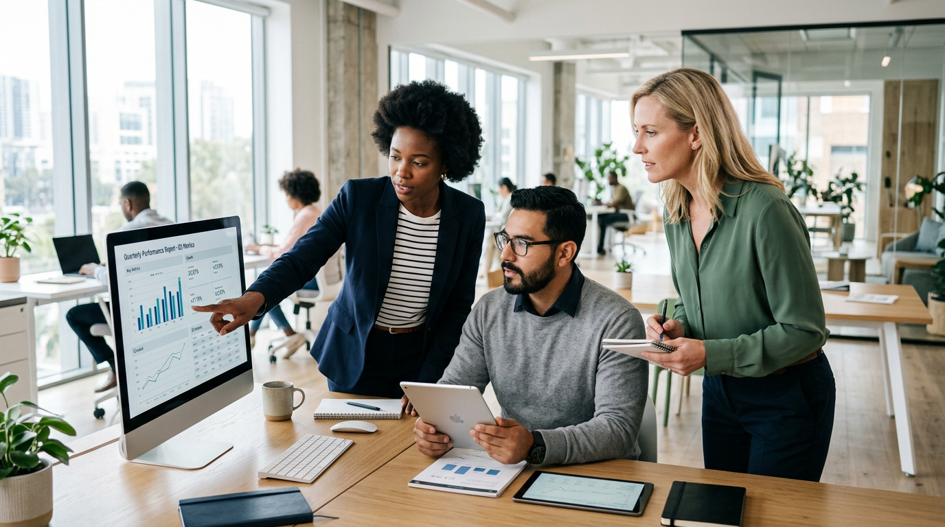 Team of knowledge workers reviewing AI-generated summaries and reports — the output of a compounding AI workspace