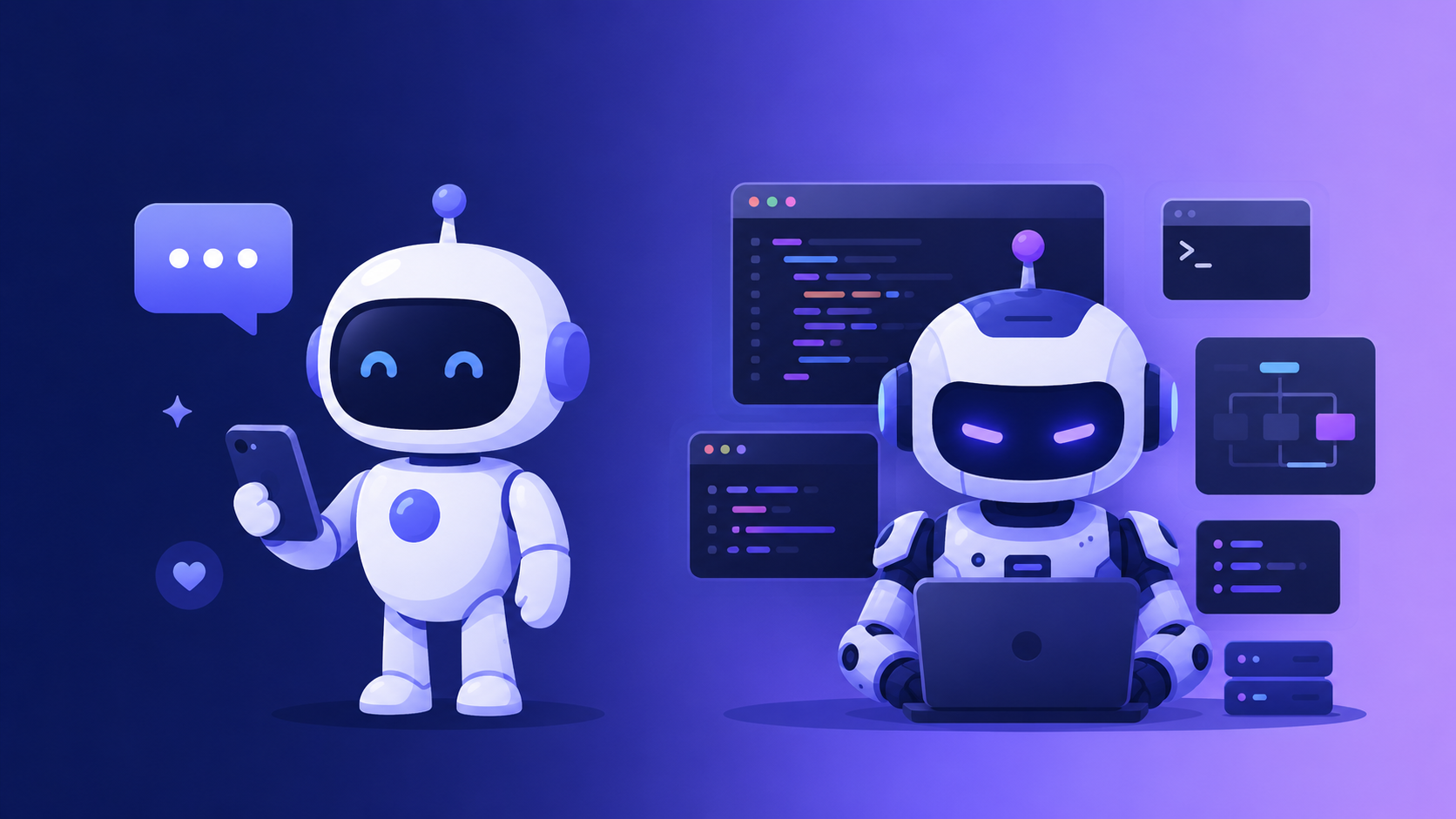 Flat vector illustration of two contrasting robot assistant mascots on a soft gradient background (navy to light purple)
