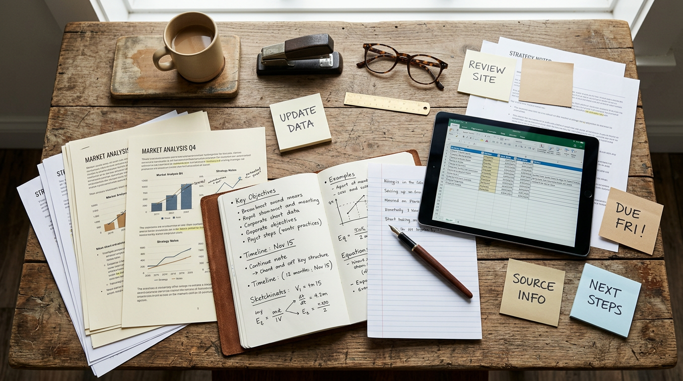 Organized documents and knowledge files on a clean desk — the foundation of a compounding AI knowledge workspace