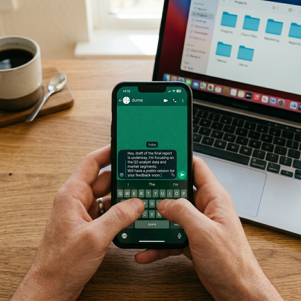 A professional typing a work task into WhatsApp on their phone, laptop with open files visible in the background