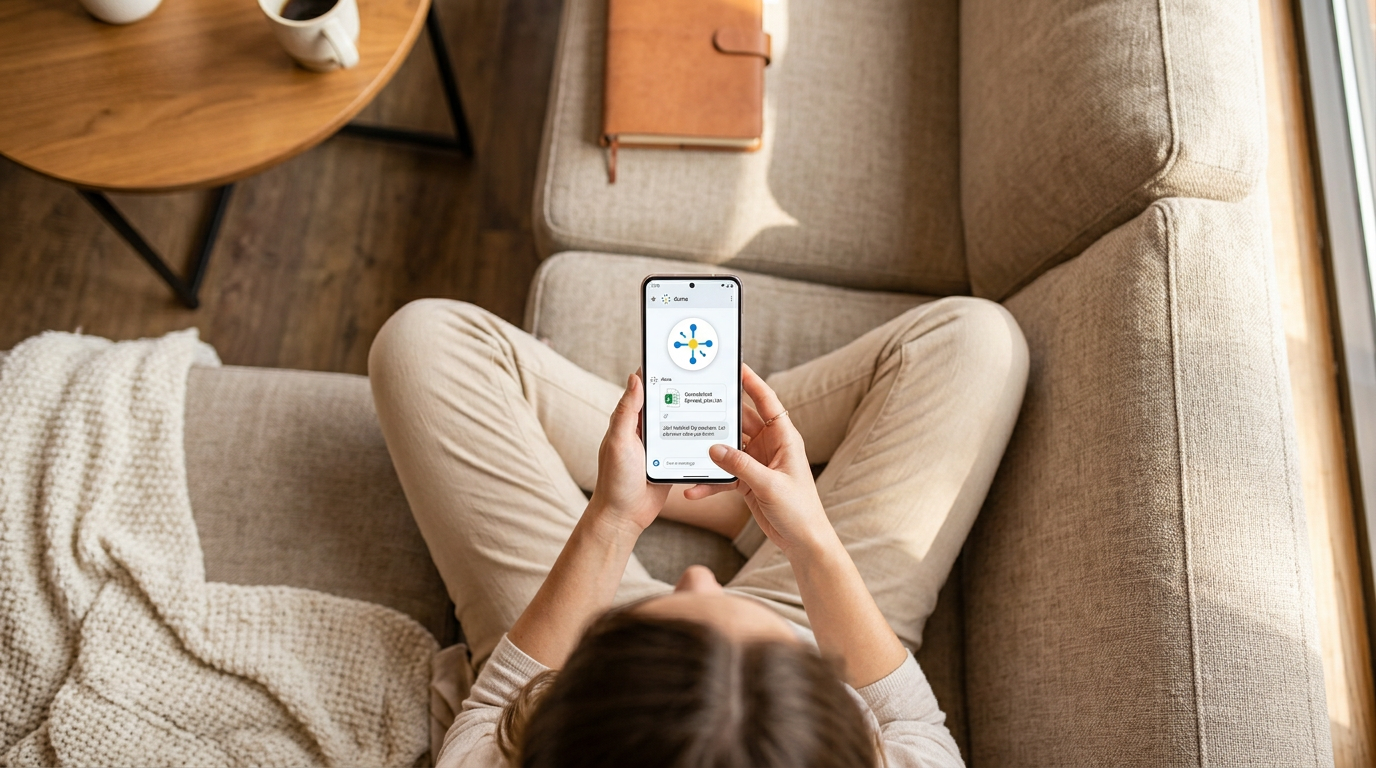 Person receiving a completed spreadsheet file back from their AI agent via WhatsApp on their phone