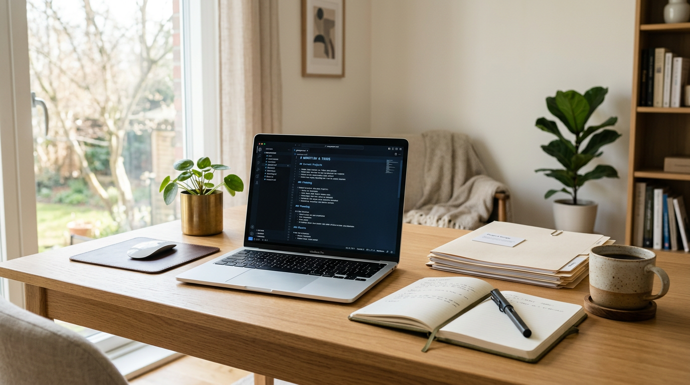 Person working at a clean desk with a laptop, surrounded by organized files and documents — the ideal AI-assisted workspace